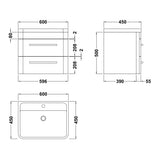 Hudson Reed Solar 600mm Wall Hung Vanity Unit & Basin, 2 Drawers Cool Grey SOL202 LD
