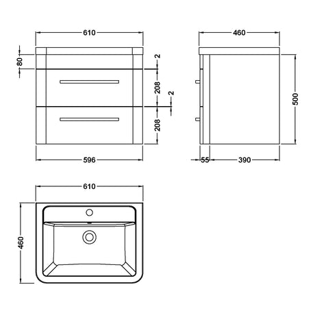 Hudson Reed Solar 600mm Wall Hung Vanity Unit & Basin, 2 Drawers Cool Grey SOL202A LD