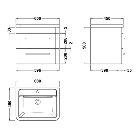 Hudson Reed Solar 600mm Wall Hung Vanity Unit & Basin, 2 Drawers Fern Green SOL802A LD