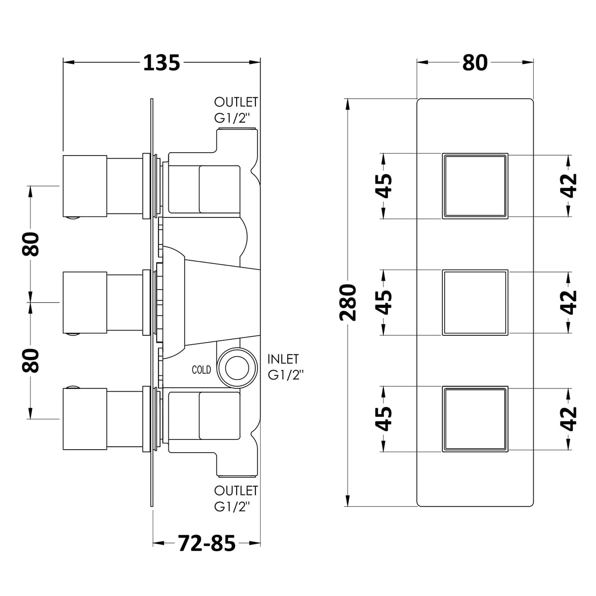 Hudson Reed Square Triple 2 Outlet Thermostatic Concealed Shower Valve Chrome SQRTR02 LD