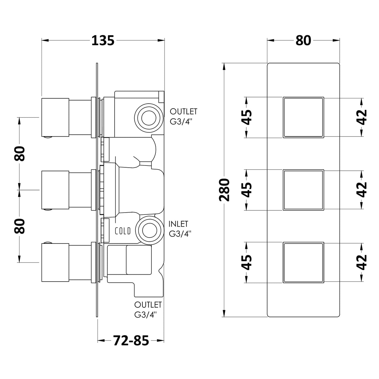 Hudson Reed Square Triple 3 Outlet Thermostatic Concealed Shower Valve With Diverter Chrome SQRTR03 LD