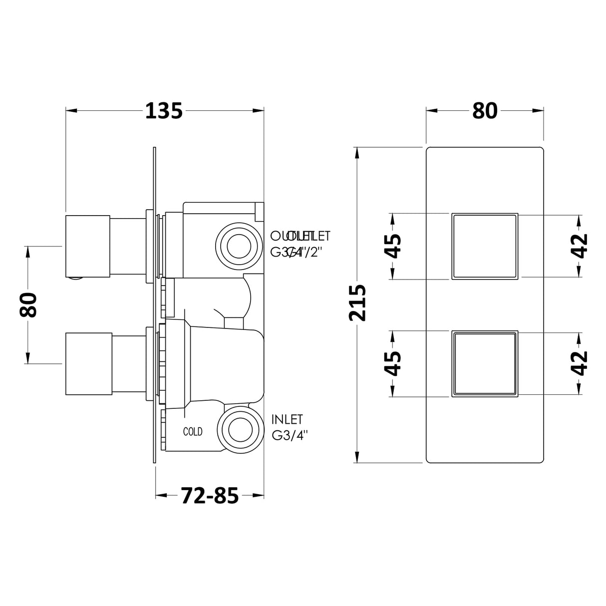 Hudson Reed Square Twin 2 Outlet Thermostatic Concealed Shower Valve With Diverter Chrome SQRTW02 LD