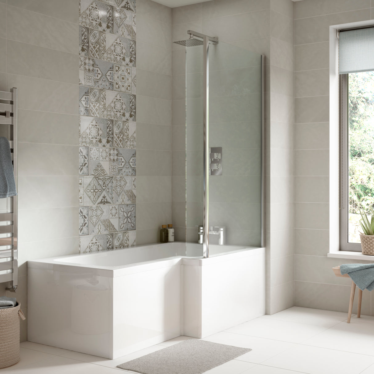 Nuie L-Shaped Shower Bath With Bath Screen & Acrylic Front Bath Panel White SBATH29 LS
