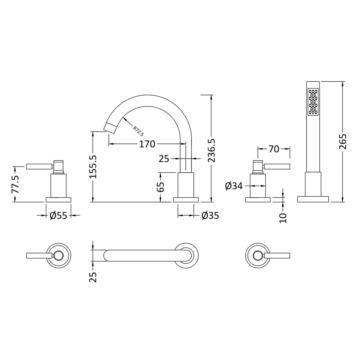 Hudson Reed Tec Lever 4-Hole Bath Shower Mixer Tap With Swivel Spout & Shower Kit Chrome TEL334S LD