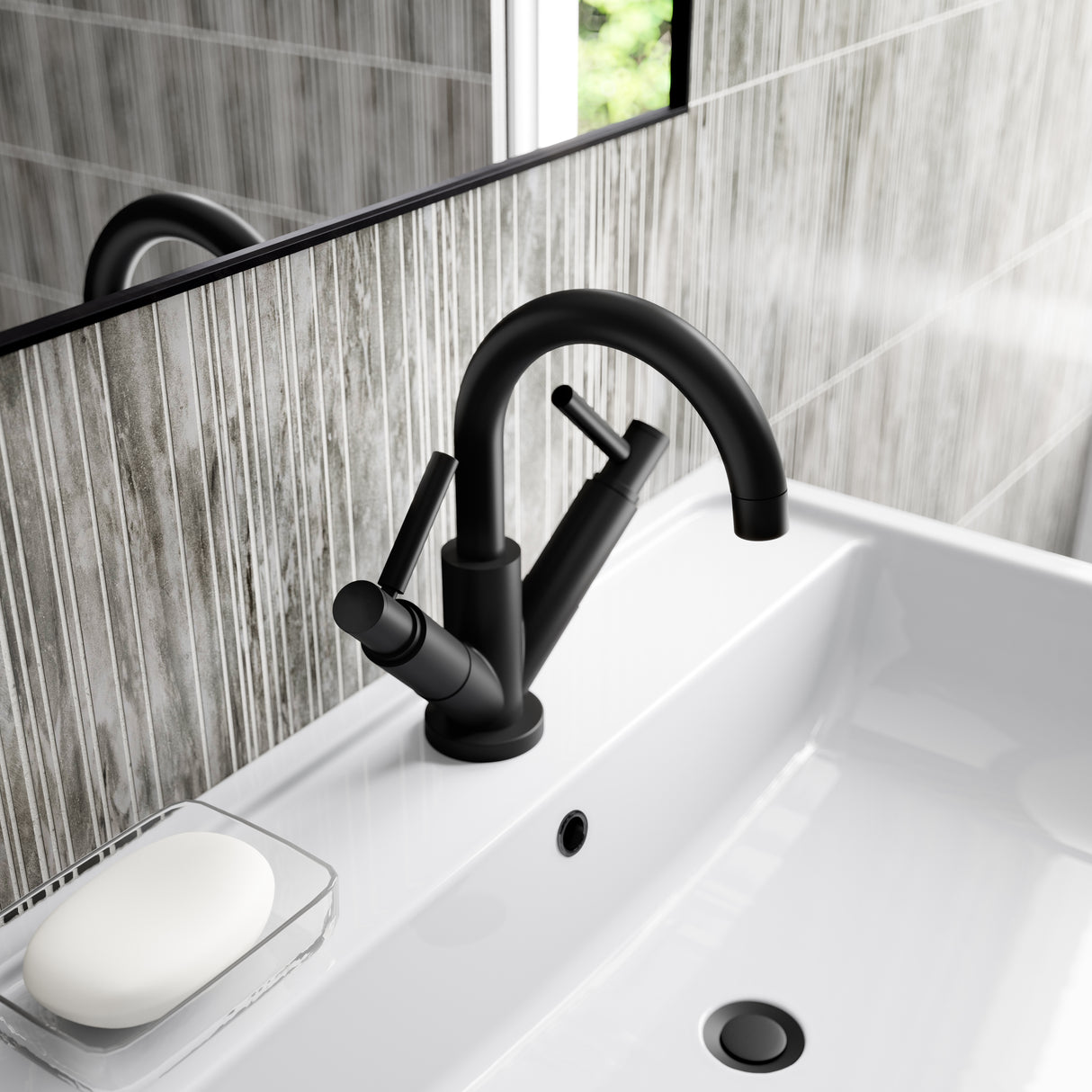 Hudson Reed Tec Lever Mono Basin Mixer Tap & Waste Matt Black TEL415 LS