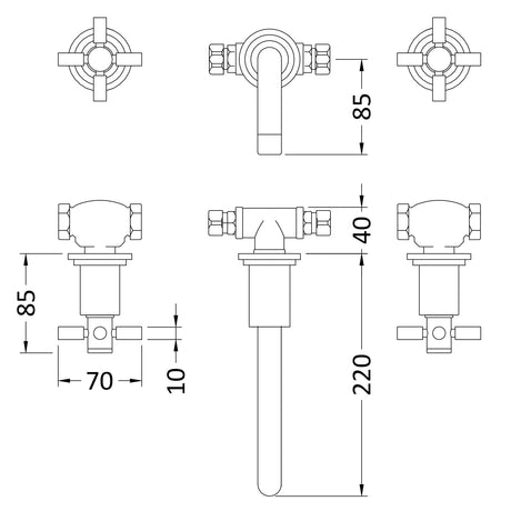 Hudson Reed Tec Crosshead 3-Hole Wall Mounted Basin Mixer Tap Chrome TEX317 LD
