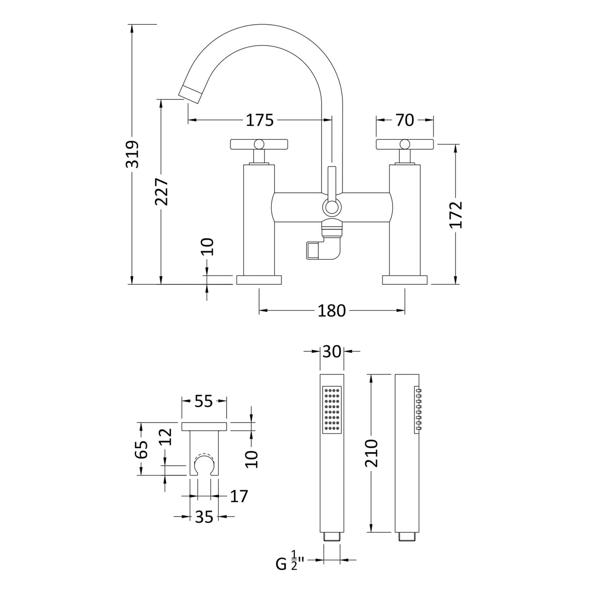 Hudson Reed Tec Crosshead Bath Shower Mixer Tap With Shower Kit Chrome TEX354 LD