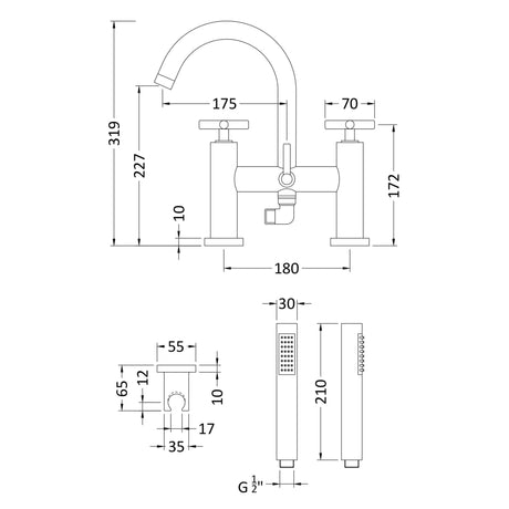 Hudson Reed Tec Crosshead Bath Shower Mixer Tap With Shower Kit Chrome TEX354 LD