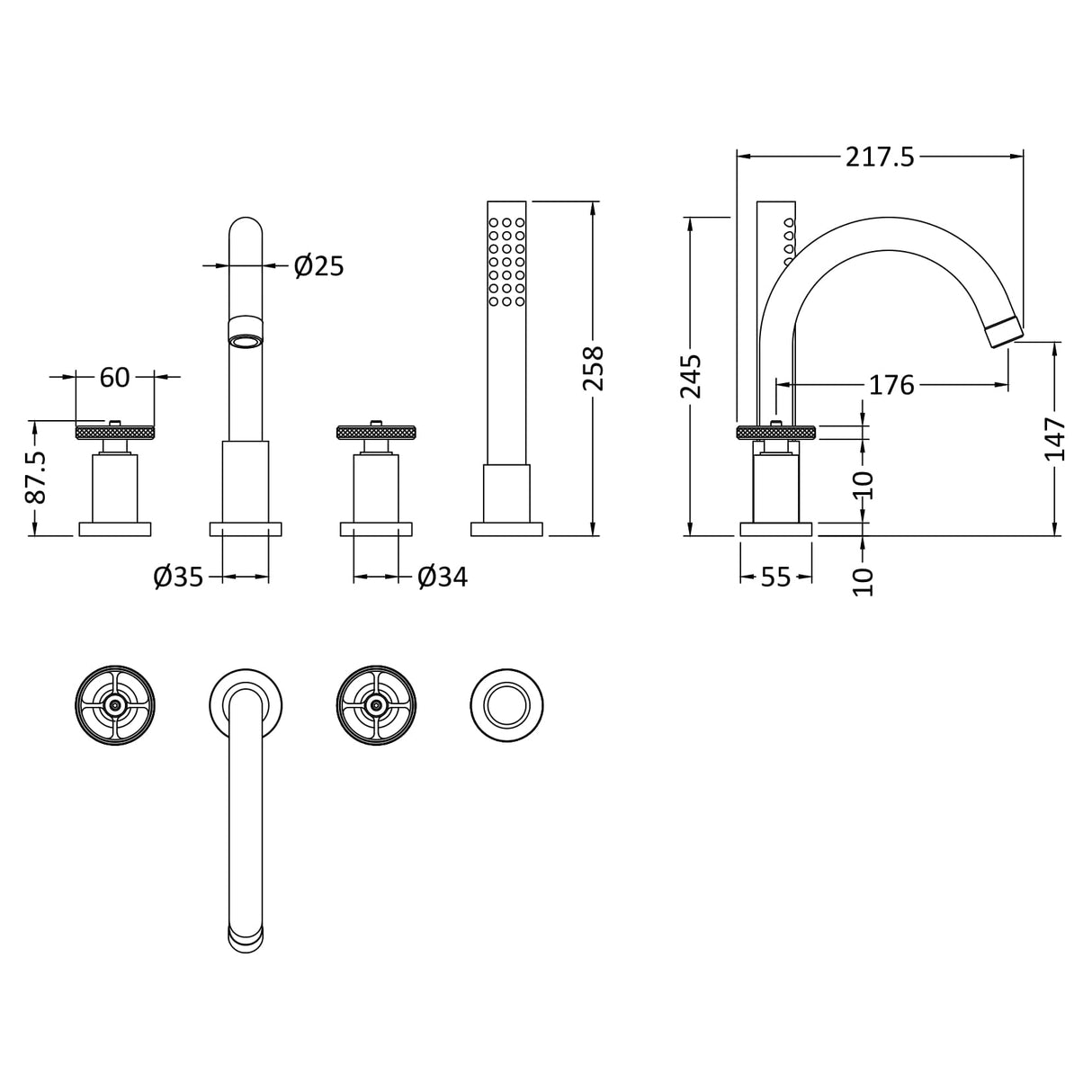 Hudson Reed Revolution 4-Hole Bath Shower Mixer Tap With Swivel Spout & Shower Kit Chrome TIW334 LD