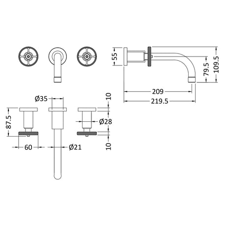 Hudson Reed Revolution 3-Hole Wall Mounted Basin Mixer Tap Matt Black TIW417 LD
