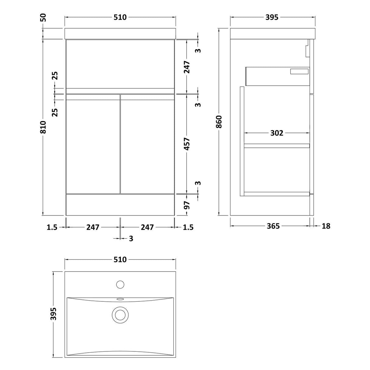 Hudson Reed Urban 500mm Freestanding Vanity Unit & Basin, 2 Doors, 1 Drawer Satin White URB101D LD