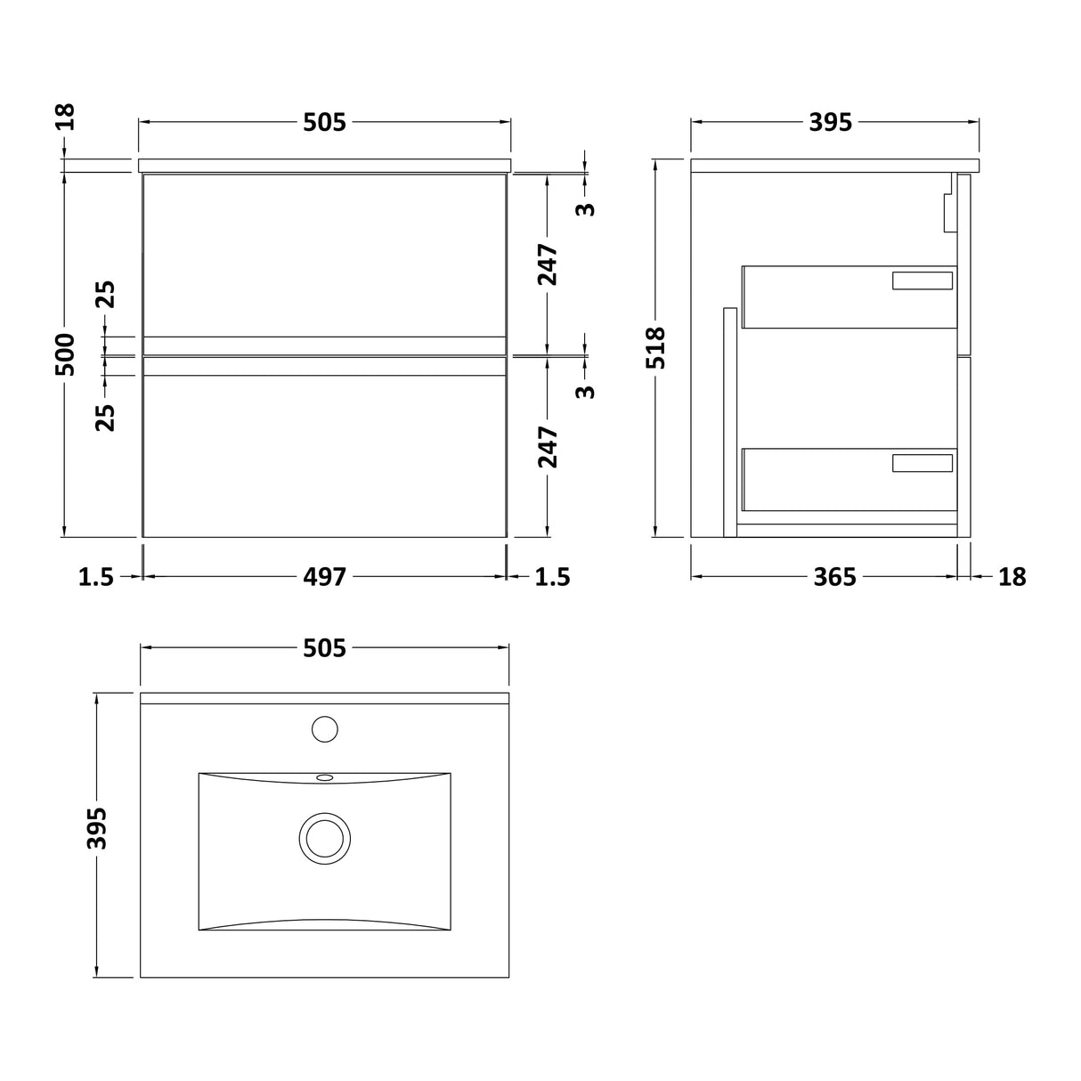 Hudson Reed Urban 500mm Wall Hung Vanity Unit & Basin, 2 Drawers Satin White URB102B LD