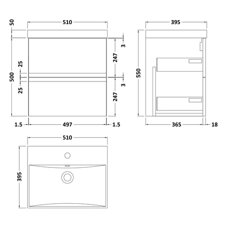 Hudson Reed Urban 500mm Wall Hung Vanity Unit & Basin, 2 Drawers Satin White URB102D LD