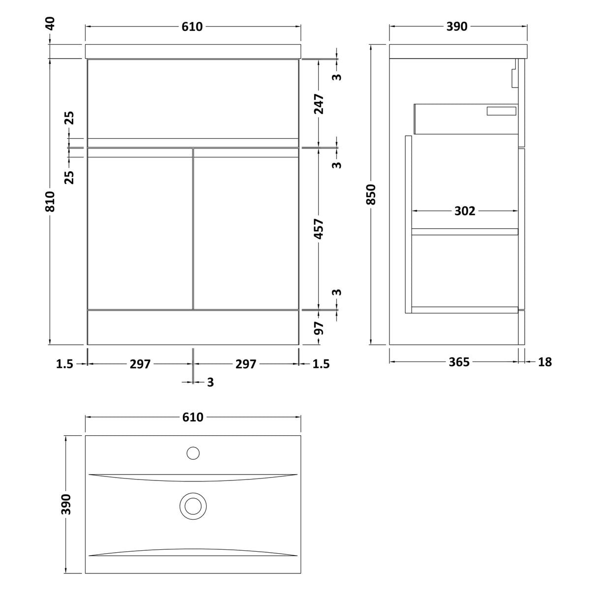 Hudson Reed Urban 600mm Freestanding Vanity Unit & Basin, 2 Doors, 1 Drawer Satin White URB103A LD