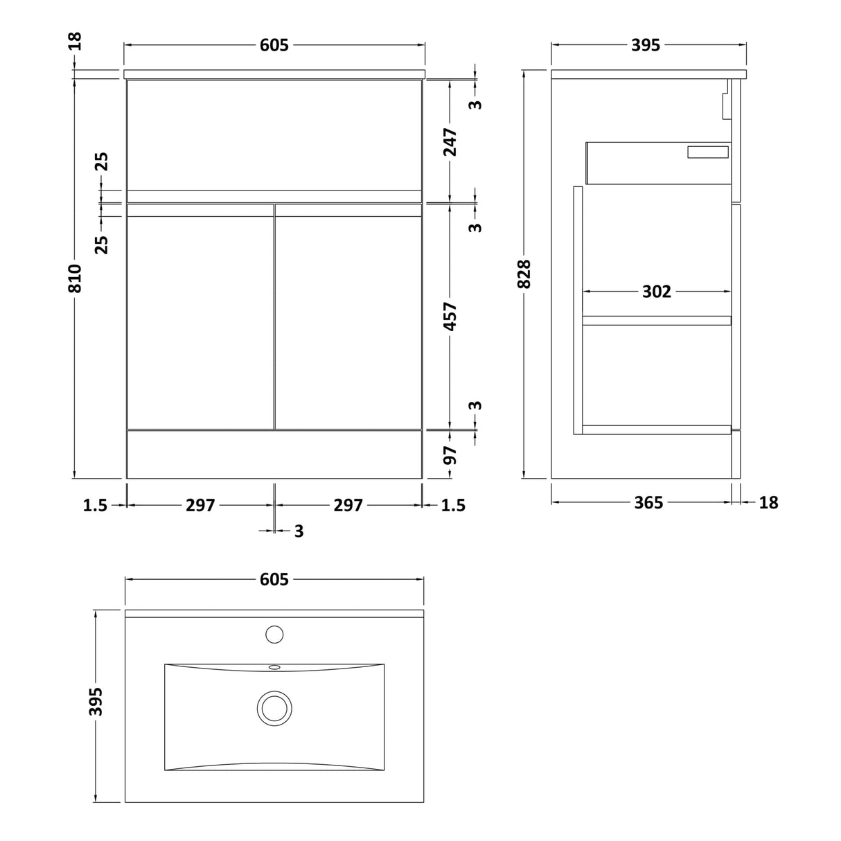 Hudson Reed Urban 600mm Freestanding Vanity Unit & Basin, 2 Doors, 1 Drawer Satin White URB103B LD