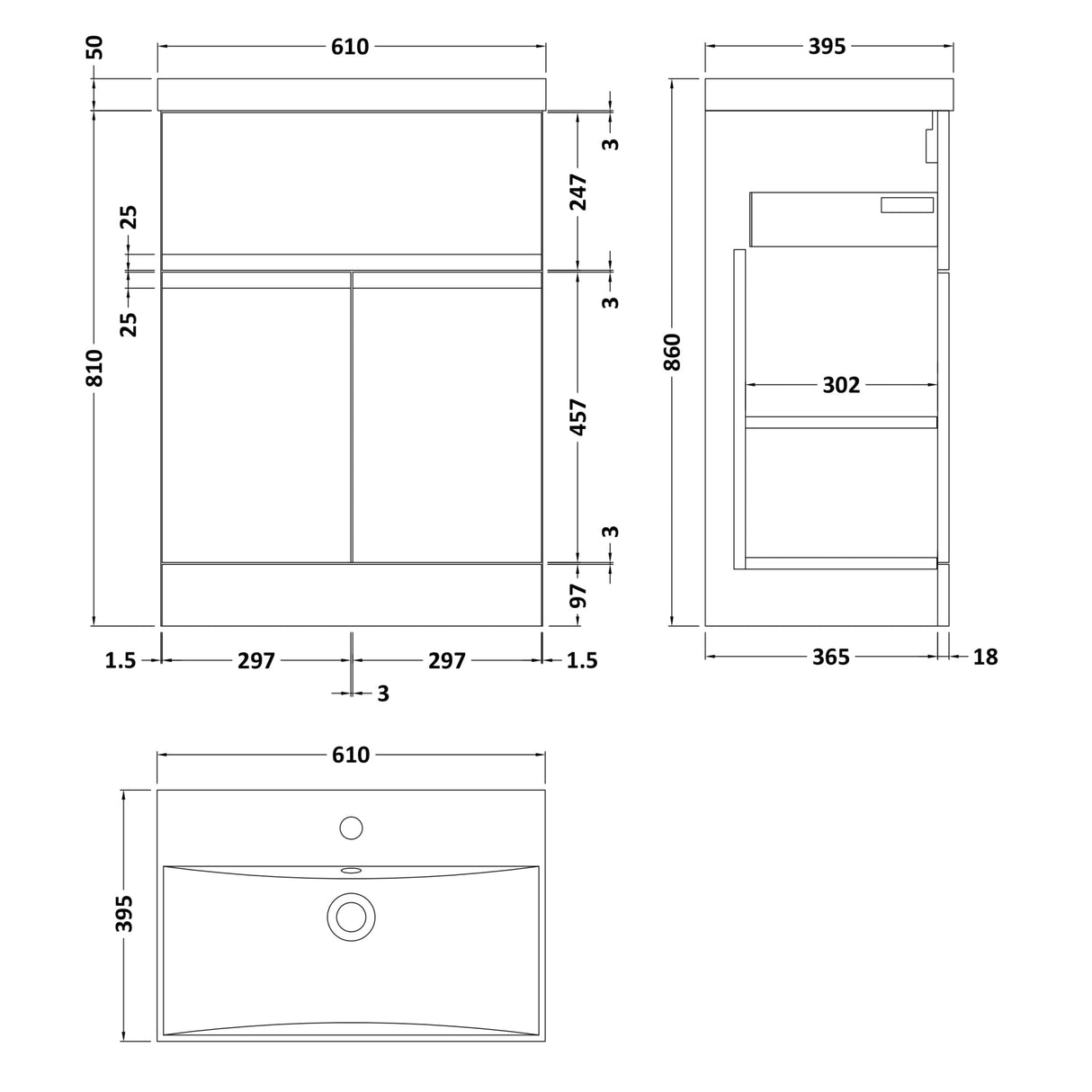 Hudson Reed Urban 600mm Freestanding Vanity Unit & Basin, 2 Doors, 1 Drawer Satin White URB103D LD
