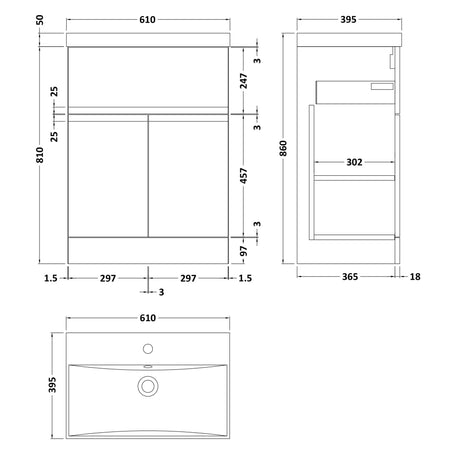 Hudson Reed Urban 600mm Freestanding Vanity Unit & Basin, 2 Doors, 1 Drawer Satin White URB103D LD