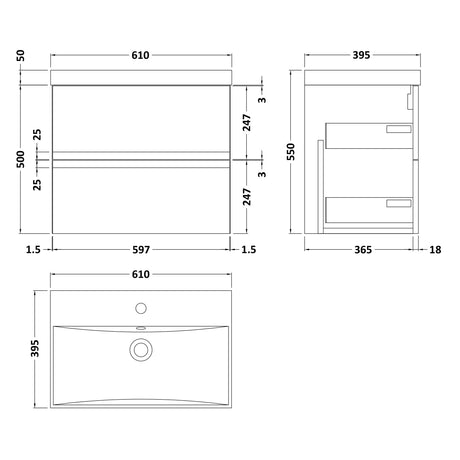 Hudson Reed Urban 600mm Wall Hung Vanity Unit & Basin, 2 Drawers Satin White URB104D LD