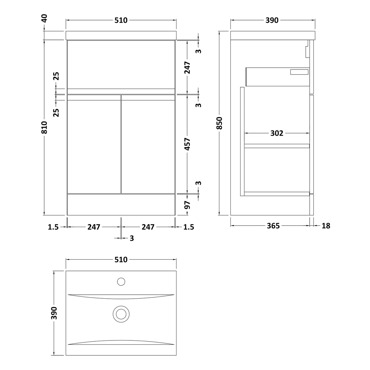 Hudson Reed Urban 500mm Freestanding Vanity Unit & Basin, 2 Doors, 1 Drawer Soft Black URB1401A LD