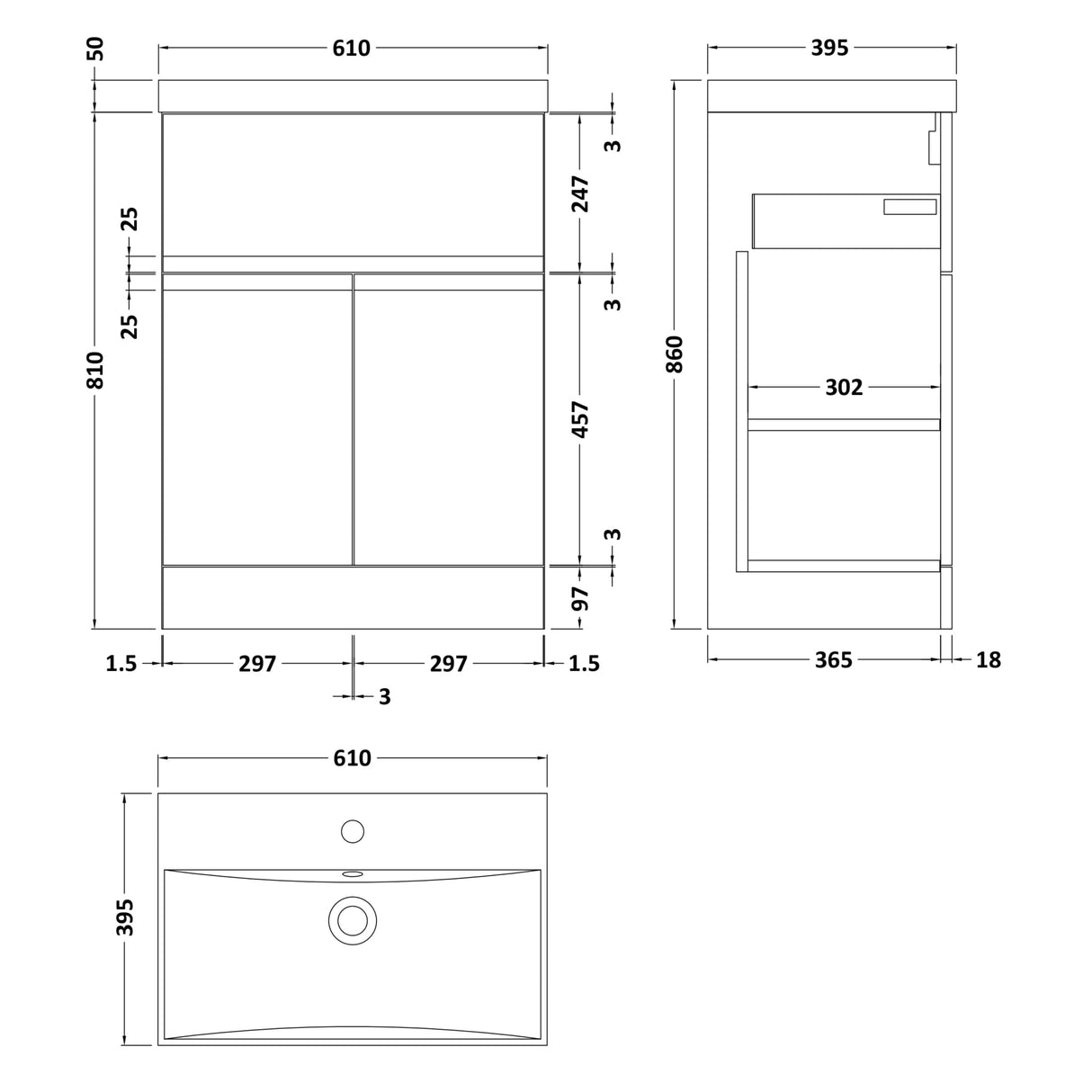 Hudson Reed Urban 600mm Freestanding Vanity Unit & Basin, 2 Doors, 1 Drawer Soft Black URB1403D LD