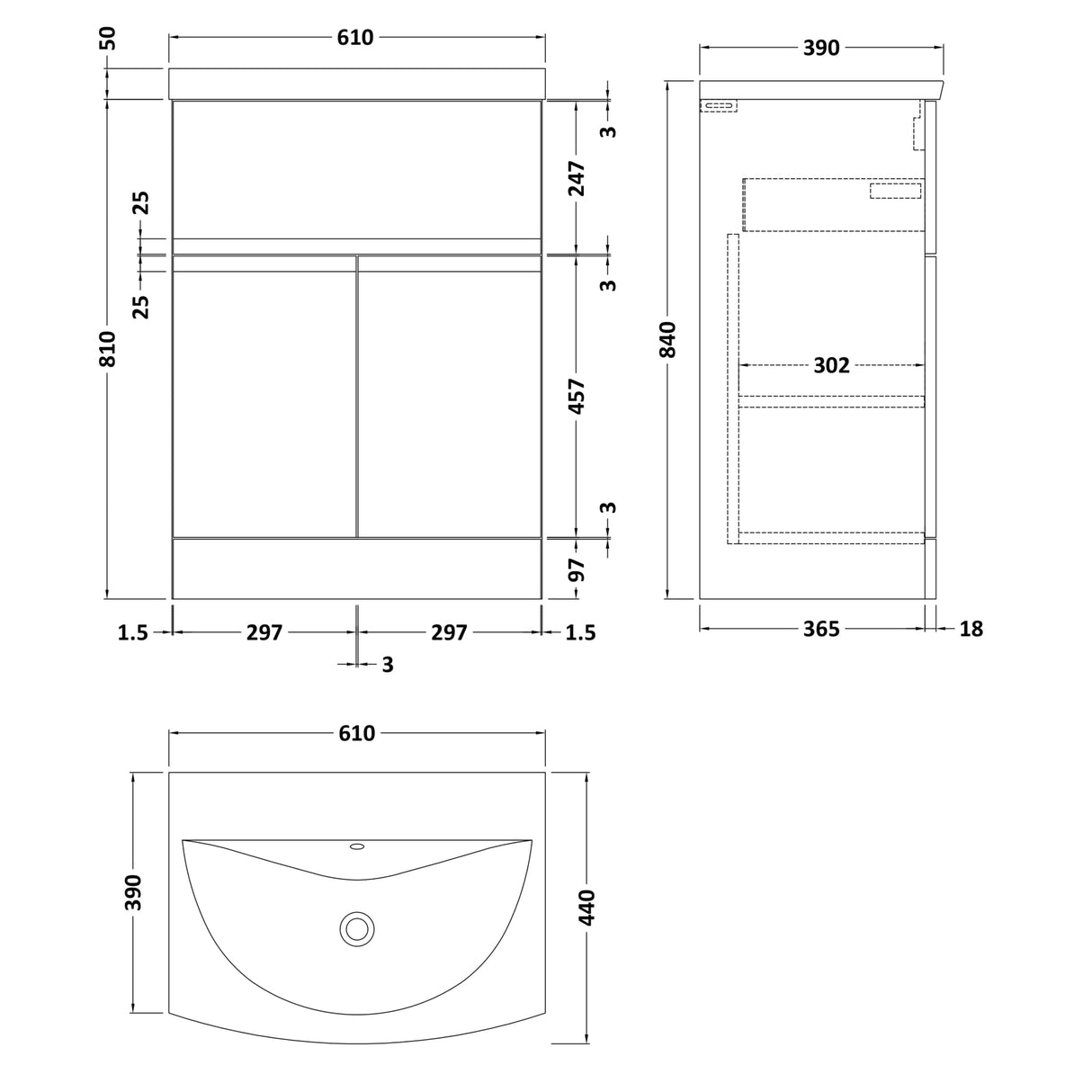 Hudson Reed Urban 600mm Freestanding Vanity Unit & Basin, 2 Doors, 1 Drawer Soft Black URB1403G LD