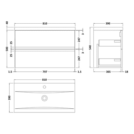 Hudson Reed Urban 800mm Wall Hung Vanity Unit & Basin, 2 Drawers Soft Black URB1406A LD