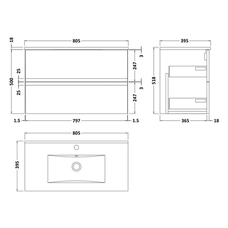 Hudson Reed Urban 800mm Wall Hung Vanity Unit & Basin, 2 Drawers Soft Black URB1406B LD