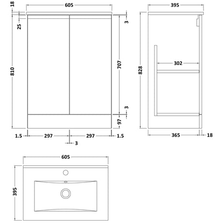 Hudson Reed Urban 600mm Freestanding Vanity Unit & Basin, 2 Doors Soft Black URB1408B LD