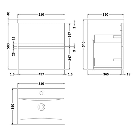 Hudson Reed Urban 500mm Wall Hung Vanity Unit & Basin, 2 Drawers Satin Grey URB202A LD