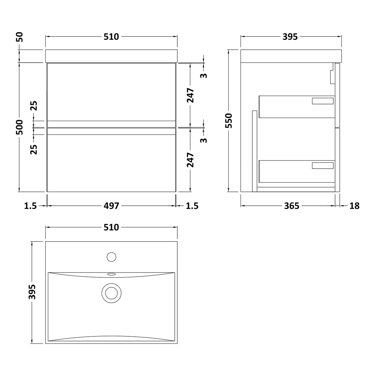 Hudson Reed Urban 500mm Wall Hung Vanity Unit & Basin, 2 Drawers Satin Grey URB202D LD
