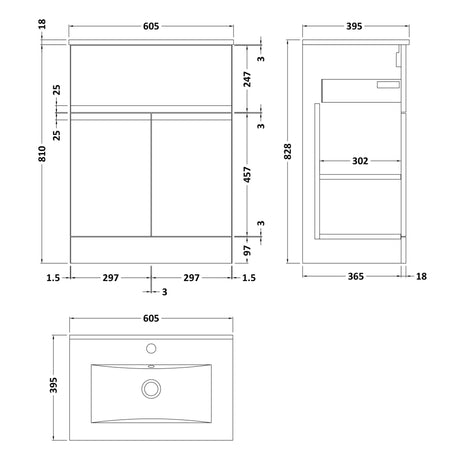 Hudson Reed Urban 600mm Freestanding Vanity Unit & Basin, 2 Doors, 1 Drawer Satin Grey URB203B LD