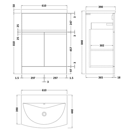 Hudson Reed Urban 600mm Freestanding Vanity Unit & Basin, 2 Doors, 1 Drawer Satin Grey URB203G LD