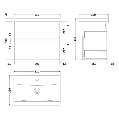 Hudson Reed Urban 600mm Wall Hung Vanity Unit & Basin, 2 Drawers Satin Grey URB204A LD