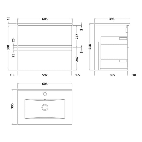 Hudson Reed Urban 600mm Wall Hung Vanity Unit & Basin, 2 Drawers Satin Grey URB204B LD