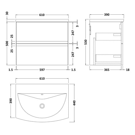 Hudson Reed Urban 600mm Wall Hung Vanity Unit & Basin, 2 Drawers Satin Grey URB204G LD