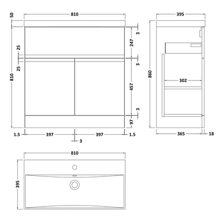 Hudson Reed Urban 800mm Freestanding Vanity Unit & Basin, 2 Doors, 1 Drawer Satin Grey URB205D LD