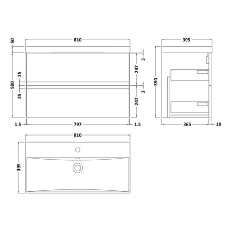 Hudson Reed Urban 800mm Wall Hung Vanity Unit & Basin, 2 Drawers Satin Grey URB206D LD