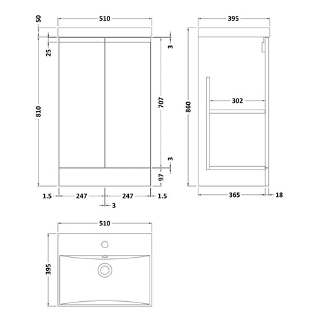 Hudson Reed Urban 500mm Freestanding Vanity Unit & Basin, 2 Doors Satin Grey URB207D LD