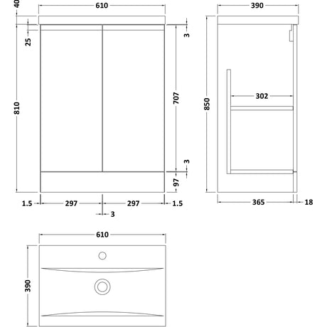 Hudson Reed Urban 600mm Freestanding Vanity Unit & Basin, 2 Doors Satin Grey URB208A LD