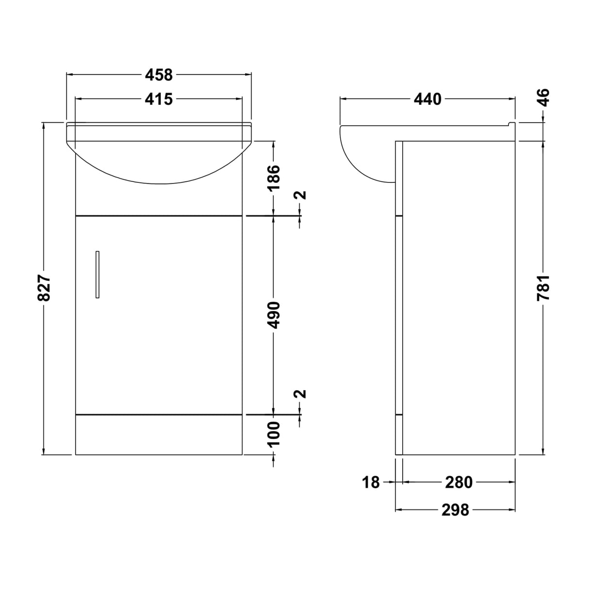 Nuie Mayford 450mm Floor Standing 1 Door Vanity Unit & Basin Gloss White Gloss White VTM450 LD