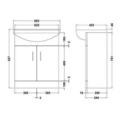 Nuie Mayford 650mm Floor Standing 2 Door Vanity Unit & Basin Gloss White VTM650 LD