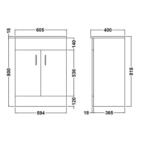 Nuie Eden 600mm Floor Standing 2 Door Vanity Unit & Basin Gloss White VTMW600 LD