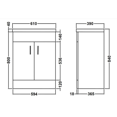 Nuie Eden 600mm Floor Standing 2 Door Vanity Unit & Basin Gloss White VTMW600E LD
