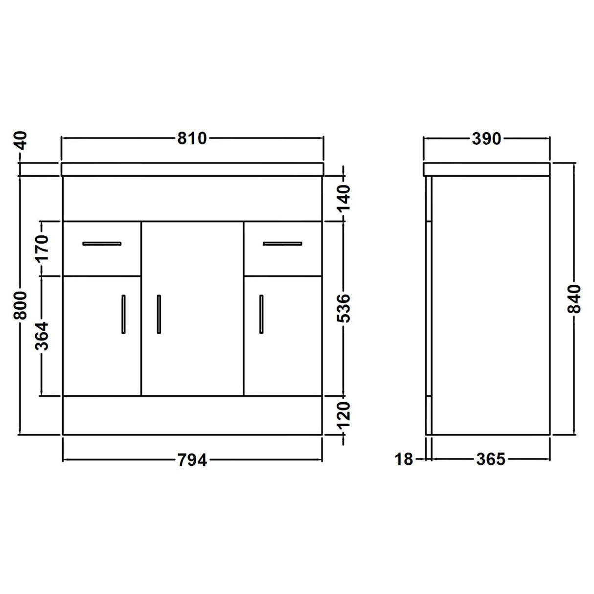 Nuie Eden 800mm Floor Standing 3 Door 2 Drawer Vanity Unit & Basin Gloss White VTMW800 LD