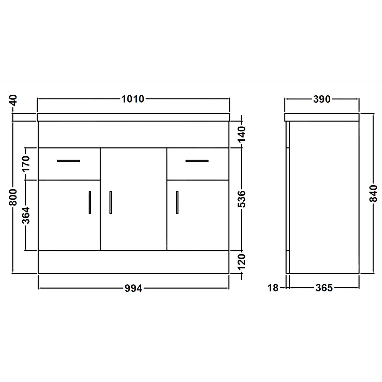 Nuie Eden 1000mm Floor Standing 3 Door 2 Drawer Vanity Unit & Basin Gloss White Gloss White VTNB1000 LD