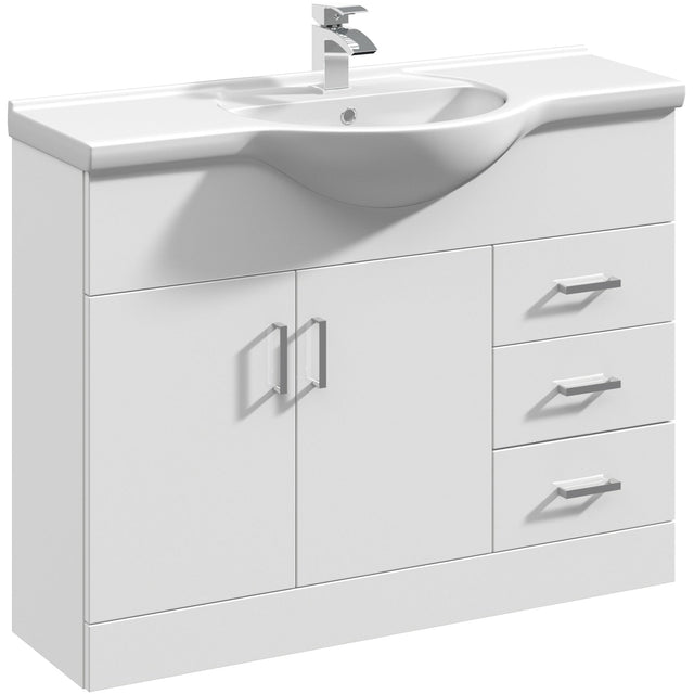 Nuie Mayford 1050mm Floor Standing 2 Door 3 Drawer Vanity Unit & Basin Gloss White VTY1050