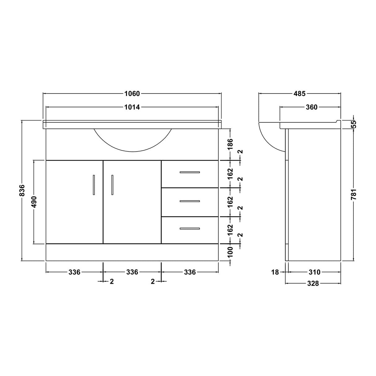 Nuie Mayford 1050mm Floor Standing 2 Door 3 Drawer Vanity Unit & Basin Gloss White VTY1050 LD