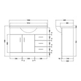 Nuie Mayford 1050mm Floor Standing 2 Door 3 Drawer Vanity Unit & Basin Gloss White VTY1050 LD