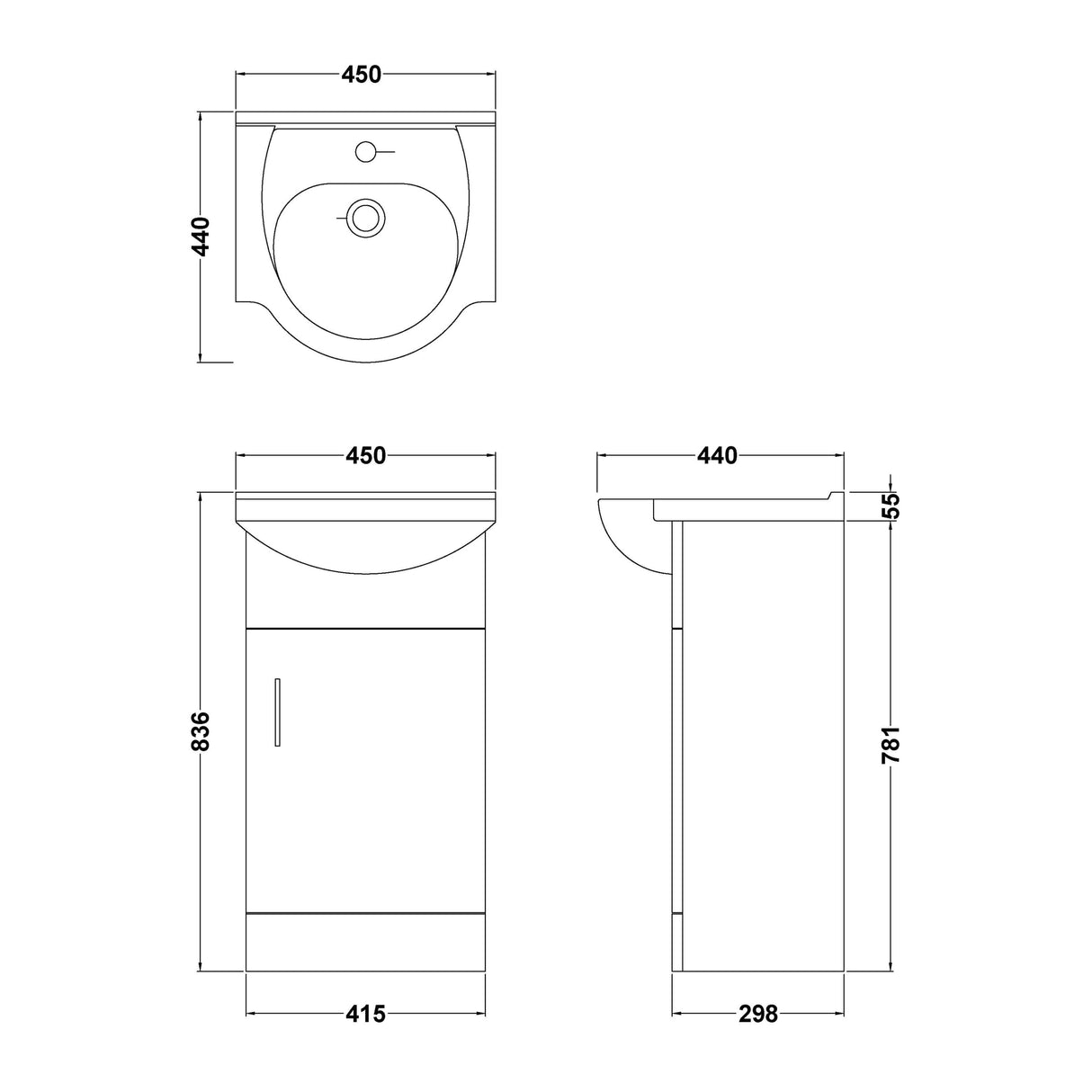 Nuie Mayford 450mm Floor Standing 1 Door Vanity Unit & Basin Gloss White Gloss White VTY450 LD