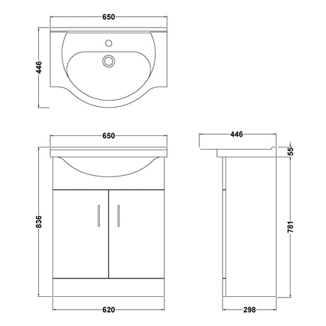 Nuie Mayford 650mm Floor Standing 2 Door Vanity Unit & Basin Gloss White VTY650 LD